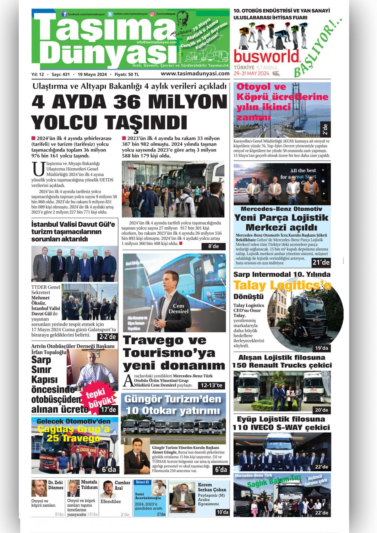 Taşıma Dünyası Gazetesi - 19.05.2024 Manşeti